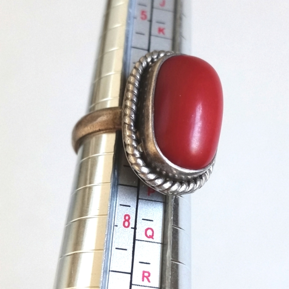 Vintage Red Coral Gemstone 925 Sterling Silver Ring from India Size 7 - Picture 6 of 16